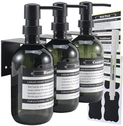 SOOKDEO Spenderflasche Badezimmer Küche nachfüllbar Shampoo Spülung Handspülmittel Lotion Öl Duschseife Flaschen mit Pumpe und Wasserdichten Etiketten, 500ml, 3 Stück (Grün, Mit Wandhalterungen)