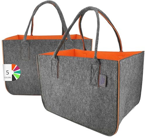 IDEA HOME Filztasche 2 Stücke Shopper Groß-30 Liter Einkaufstasche XXL Zusammenklappbar Einkaufskorb Kaminholztasche Kleiderkorb Spielzeugtasche Dunkelgrau/Orange, XL