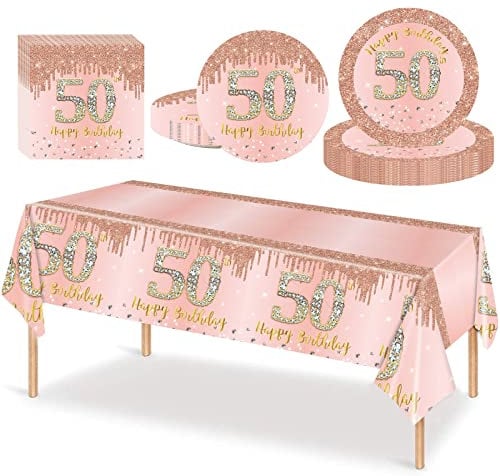 53Pcs Rose Gold Happy 50th Birthday Party Tableware Plastic Table Cloth,7,9inch Paper Plates,Napkins for Her Birthday Table Decorations Disposable Party Tableware Set for Women Adults Birthday Party
