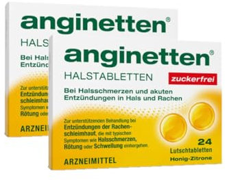 anginetten Halstabletten zuckerfrei | schmerzlindernde Lutschtabletten Honig-Zitronen Geschmack | bei Halsschmerzen, Rötungen & Schwellungen | beruhigt den Hals, desinfiziert den Rachen | 2 x 24 St