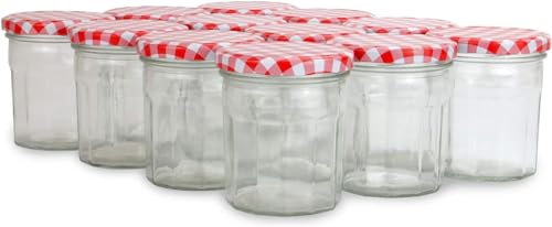 Jam Jars Wide Mouth Glass 324ml | Set of 12 Preserve Pots with Lids | Airtight Screw Top Red Gingham Lid | Homemade Jam, Marmalade & Chutney | Glass Pots Wedding Favours