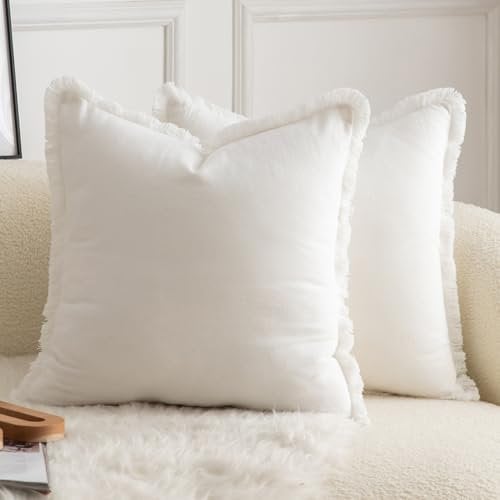 Mandioo 2er Set neutralen Baumwolle Quasten Kissenbezug 40x40cm Dekorative Kissenbezüge Dekokissen Boho Sofakissen Kissenhülle für Couch Sofa Schlafzimmer Wohnzimmer Heimdekoration Cremeweiß