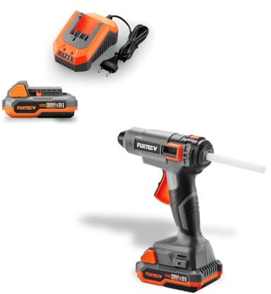 FUXTEC Pistola per colla a caldo a batteria da 20 V FX-E1GG20 Set con batteria e caricatore, pistola per colla per bastoncini da 11 mm, spegnimento automatico, forte potenza adesiva per legno,