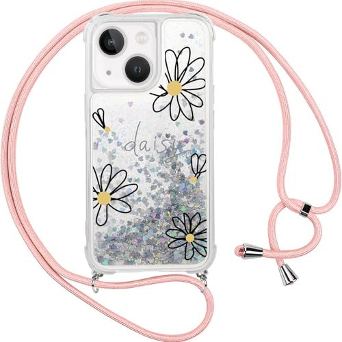 Kueqeay Handykette für iPhone 13/iPhone 14 Hülle mit Band 6,1'', Aesthetic Muster Design Gänseblümchen Schutzhülle Silber Quicksand Glitzer Transparent Silikon Necklace Handyhülle Ultra Stoßfest, 01