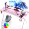 Dowinx Gaming Desk with LED Lights, RGB Gaming Computer Desk, Gaming Table with Carbon Fibre Surface, LED Home Office Desk with Remote Control, PC Workstation with Cup Holder and Headphone Hook, Pink