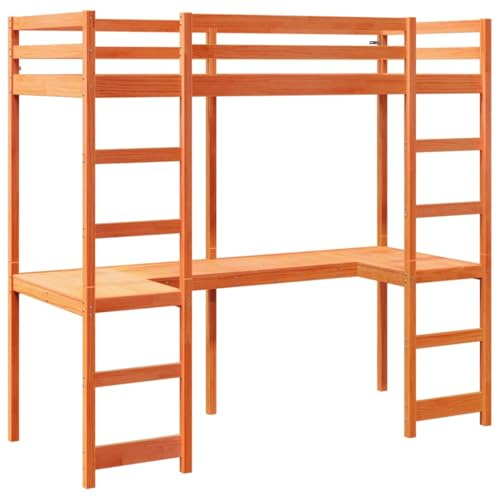 vidaXL Hochbett, Holzbett mit Schreibtisch, Bettgestell mit Lattenrost Rausfallschutz, Bett für Kinder Jugendliche Erwachsene, Wachsbraun 80x200cm Massivholz Kiefer