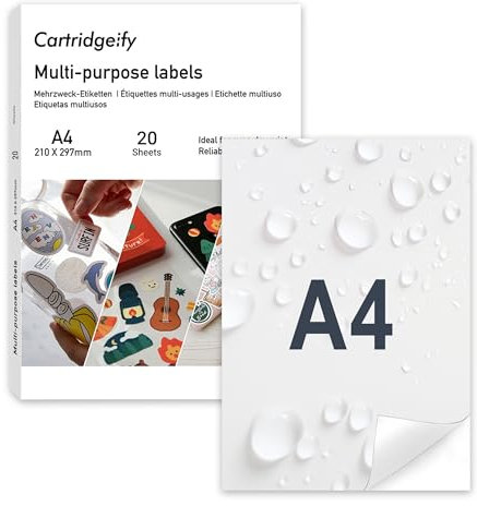 Cartridgeify 20 Blatt A4 Vinyl Sticker Papier, Aufkleberfolie Bedruckbar, Weiß, Selbstklebend Wasserfest Aufkleber Etikette, Vinylaufkleber für Tintenstrahldrucker Laserdrucker