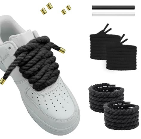 Hugwish 2 Paires Lacets corde pour air force 1, rope laces 8mm et 140cm avec coton premium, gros lacets pour sneakers baskets (Noir)