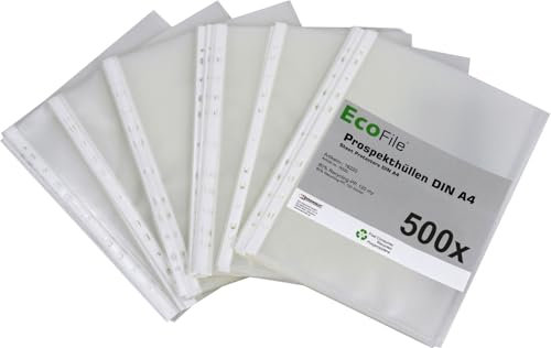 Prospekthülle A4 nachhaltig aus Post-Consumer-Recycling PP 120 my transparent genarbt, mit Abheftrand, Schmalseite oben offen – 500 Stück