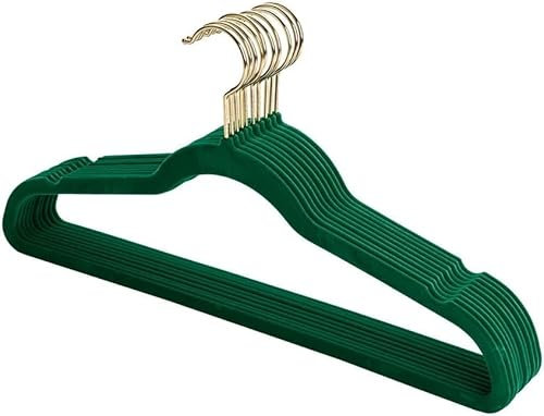 Truevaste Kleiderbügel Samt 10 Stück - Premium Clothes Hangers - Bügel mit 360° Drehbarer Haken, rutschfest, 0.6cm dünn, Platzsparend, für Garderobe, 45x23.5 cm (Dunkelgrün)