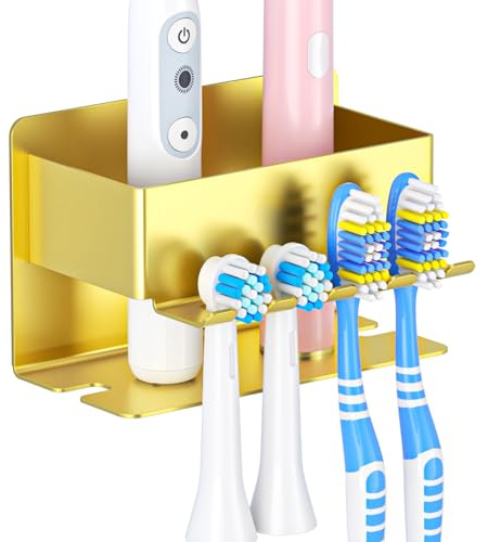 YYBO Zahnbürstenhalter Wand, Zahnbürstenhalter Elektrische Zahnbürste Halter Ohne Bohren, Aufsteckbürsten Halter Selbstklebend Zahnpastaspender,Zahnbürsten Halterung Bad Bürstenhalter(Gold, Klein)
