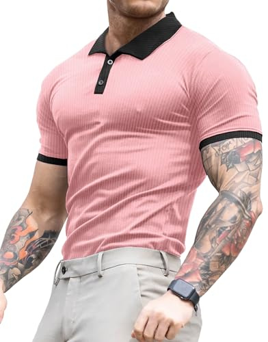 Lehmanlin Muscle Polos pour Homme à Manches Longues et Courtes T-Shirts décontractés Slim Fit Stretch côtelé Golf Tops