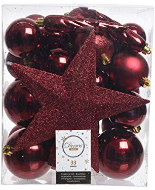 Weihnachtskugeln mit Christbaumspitze Stern Kunststoff 33er Set bruchsicher Ochsenblut Bordeaux