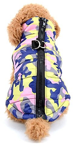 Ranphy Small Dog Camo Jacket with D-ring Pet Winter Cotton-padded Coat Puppy Vest Harness Chihuahua Clothes with Harness Hole Pink Size M