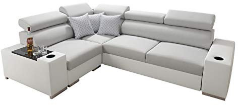 Ecksofa Perseo II mit Schlaffunktion und Bettkasten Eckcouch verstellbare Kopfstützen L-Form Sofa mit ausziehbarem Bett Polsterecke Wohnlandschaft Couch (EKJ 01 + Luxo 6601 + Evo 32, Seite: Links)