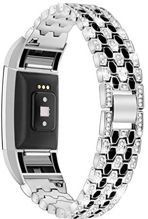 GIMart Bling Armband kompatibel für Fitbit Charge 2, Damen und Herren, Edelstahl, Strass, Ersatz-Armband für Charge 2, Metallarmband, Armband für Fitbit Charge 2 HR Fitness Tracker (Silber+Schwarz)