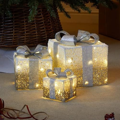 Marco Paul Set of 3 Light-Up Boxes – Frosted Gold & Silver Faux Presents with Warm White LEDs – Battery-Operated Pre-Lit Parcels for Indoor Xmas Décor, Table Centrepieces