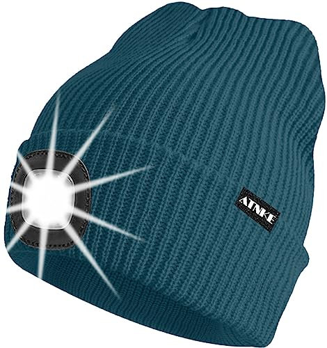 ATNKE Unisex LED Mütze mit Licht,Wiederaufladbare USB 4 LED Beleuchtete Laufmütze Extrem Heller Lampe Winter Warme Stricken Mütze für Herren und Damen Geschenke/Dark Green