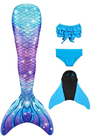 NAITOKE meerjungfrauenflosse mädchen Badeanzug - Meerjungfrau Flosse Bademode mit Bikini Set und Monoflosse Mermaid Tail, 4 Stück Set, XQSAAJ,130