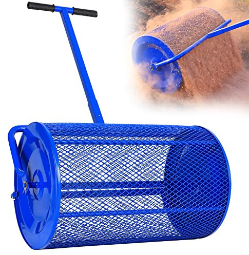 Rasen-/Gartenstreuer, Kompost-Torfmoosstreuer, 61 cm großer Metallgeflechtkorb, Topdressing-Rolle mit verbessertem T-förmigem Griff für Top-Dressing von Kompost, Schmutz, Mulch, Dünger, Erde
