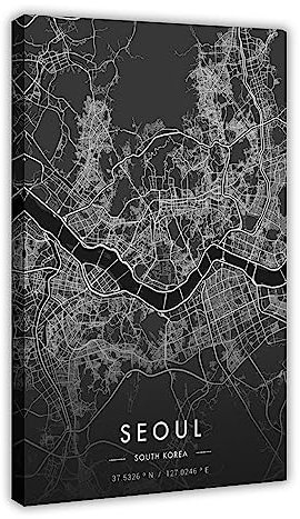 Seoul Stadtkarte Dunkles Poster Leinwand Poster Wandkunst Dekor Druck Bild Gemälde für Wohnzimmer Schlafzimmer Dekoration Rahmen: 30 x 45 cm