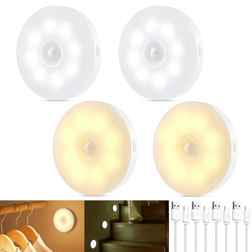 QNUJN Motion Sensor Lights Indoor Rechargeable, Dimmable Night Light Warm/Cool White, Magnetic Stick on Wall, USB-C Charging Stair Lights, Auto/On/Off Modes, for Closet, Hallway, Kitchen, Cabinet