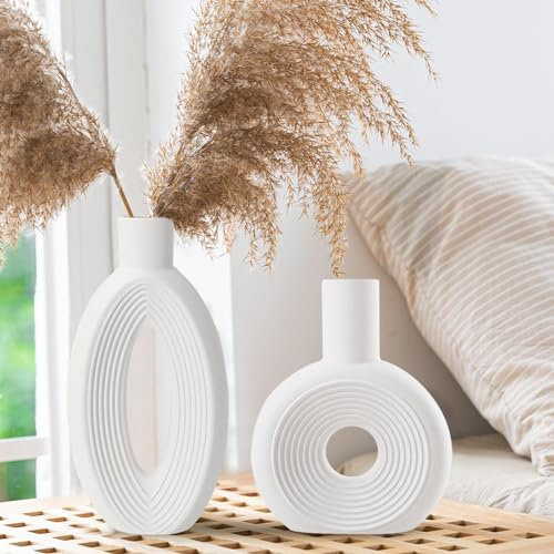 Hanaomaoyi Ovale ausgehöhlte runde Vase rustikale Home Decor einfach skandinavischen böhmischen Stil, Keramik-Vase 2 Stück Set für Bücherregal, Kaminsims und Eingang dekorative Vase (Weiß)