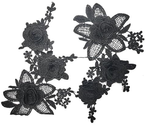 2 Stück Rosen Blumen Patches zum Aufbügeln Bestickte Aufnäher Bügelflicken Blume Applique Stickerei Applikation für Kleider, Hosen, Hüte, Jeans, Nähen, Blumen-Applikation, Bastelzubehör -Schwarz