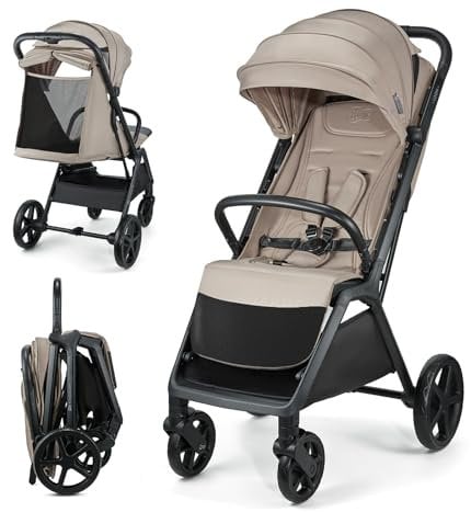 Kinderkraft LOOM Buggy bis 27 kg, Kinderwagen, vergrößerte Verdeck, Gepolsterte Räder, liegende Position, geringe Gewicht - 9kg geräumige Korb, kompakten Abmessungen, Beige