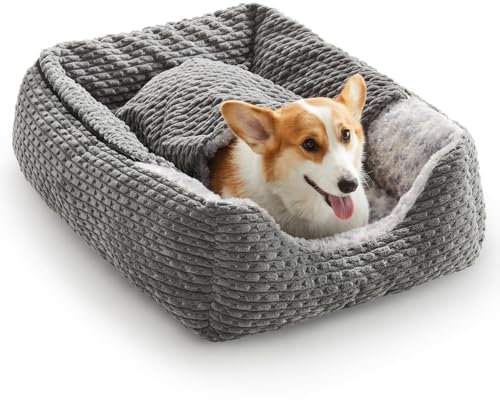 Heymamba Dog Cave Bed Machine Washable, Dog Bed Medium Fill with Fiber Cotton to Support Neck&Head, Zipper Disassembly Hooded Bed fit 14-18kg Medium French Bulldog, 66x55x21cm