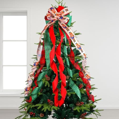 30 * 126cm Christmas Tree Topper Bow Large Nutcracker Print Bowknot Ornaments for Christmas Tree Top Christmas Decorations Indoor Outdoor (Red, 30cm*126cm)