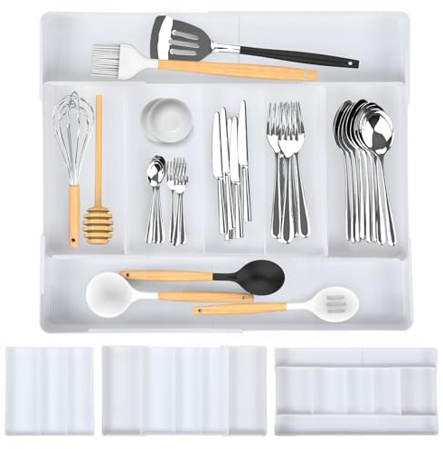 mumisuto Portaposate da Cassetto, Vassoio Espandibile Porta Posate per Cucina da Cassetto, Espandibile da 3 a 5 a7 Scomparti, Organizzatore di Posate per Utensili da Cucina