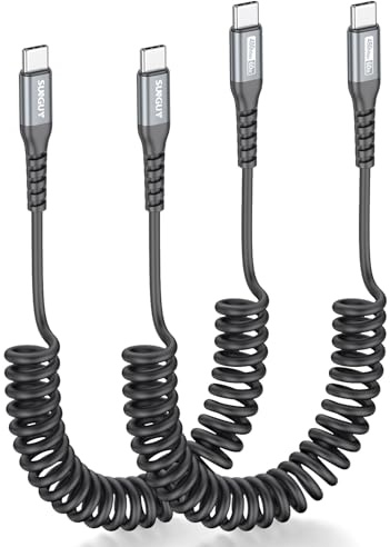 SUNGUY Coiled USB C to USB C Cable 2-Pack, Tangle-Free Retractable USB-C Cable for Car Console, Android Auto & CarPlay, Fast Charging for iPhone 17/16/15, Bike, Backpack, 1.2M[Stretch 0.3M-0.8M], Grey