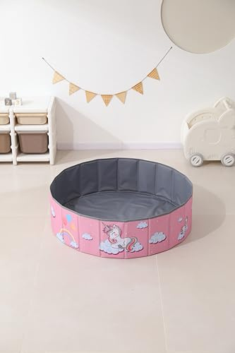 Kinder Bällebad, Faltbar, 100/120cm Durchmesser, 30cm Hoch, Oxford Gewebe, Mit 200 Bällen, Astronauten oder Einhorn Design, Mit Tragetasche (Rosa, 100cm Durchmesser)