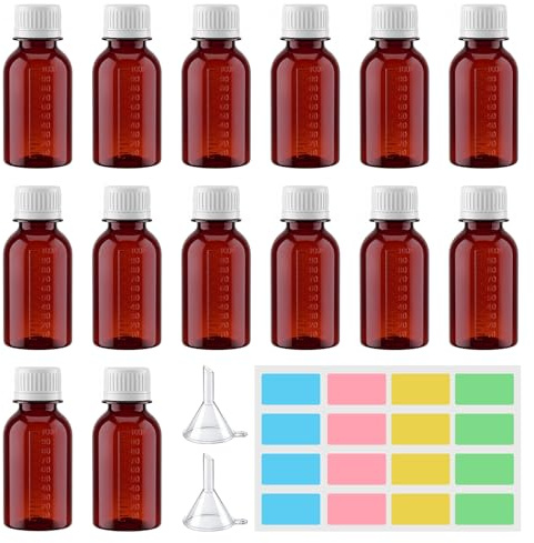 Nadisean 14 Laborflaschen 100 ml aus PET mit Weißem Schraubverschluss, Braune Flaschen PET mit Skala, Kunststoffflasche Braun, Apothekerflasche mit Trichter Etikett, für Flüssigkeiten Festes Pulver