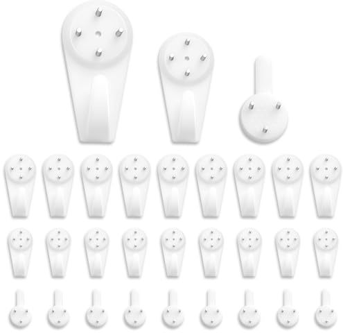 AYESY Spurlose Bilderhaken, 30 Stück Wandhaken Ohne Bohren, Bildaufhänger Set, 3 Designs, Wandbild Haken für Hart- und Trockenbauwände, Weiß