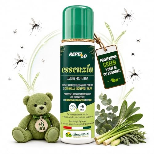 Albagarden – Lozione Antizanzare a Base di Oli Essenziali | Citronella, Eucalipto, Salvia, Mentolo e Sodio Jaluronato – Pelle Fresca e Non Unge, Ideale per Pelli Sensibili e Bambini