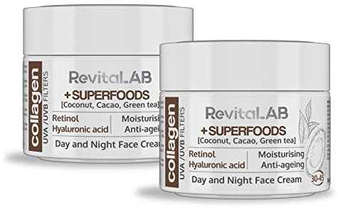 RevitaLAB Anti-Ageing Tages- und Nacht-Feuchtigkeitscreme mit Kollagen, angereichert mit Hyaluronsäure, Superfoods, Vitaminen und einem UVA-/UVB-Filter, für Alter zwischen 30 bis 45, 2x 50 ml