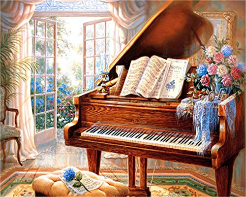 YEESAM ART DIY Ölgemälde Malen nach Zahlen Erwachsene Kinder, Klavier Blumen Warmes Zuhause Zahlenmalerei ab 5 Öl Wandkunst (Klavier, mit Rahmen)