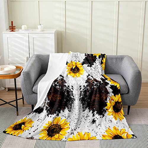 Sonnenblumen-Kuhfell-Überwurfdecke für Kabinendekoration, Jungen-Hochlandrind, Tierhaut, Mädchen, gelbe Blumen-Fleecedecke, leicht, Wildtiere, Bauernhaus, Rindsleder, Flanelldecke, Baby, 76,2 x 101,6
