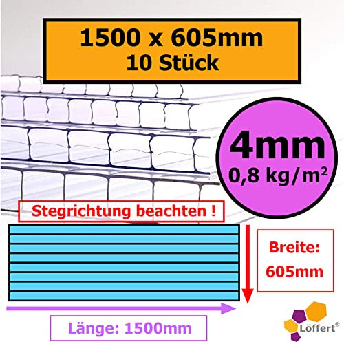 4mm | 10 Stück | 1500x605mm | Löffert® Gewächshausplatten | 800g/m² Polycarbonat | Stegplatte | 4mm 6mm 8mm 10mm | alle Standard-Größen