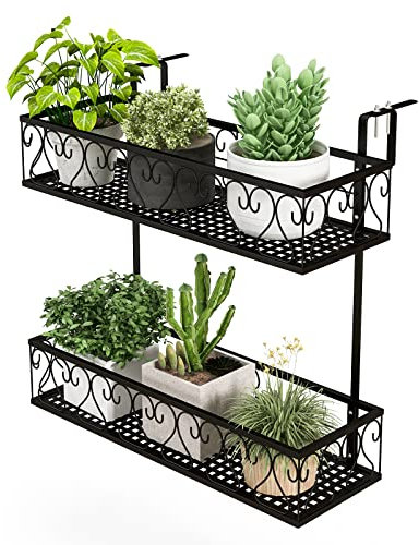 RELAX4LIFE Blumentopfhalter Balkon 2-Tier, Hängendes Blumenregal Metall, Hängeregal mit verstellbaren Haken, Hängegeländer für Terrasse Veranda Zaun Balkon, Schwarz