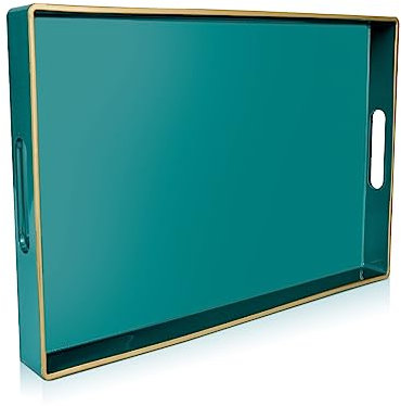 Gifturbo Blaugrünes Serviertablett, rechteckiges Serviertablett mit Griffen, Kunststoff-Couchtisch, dekoratives Tablett für Ottomane, Wohnzimmer, Badezimmer, 39,9 x 25,9 x 3,5 cm
