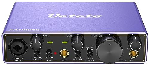 Ueteto 2i2 USB Audio Interface, Universal Audio Interface für PC, Mac, Musik/Computer Aufnahme und Podcasting mit 48V Phantomspeisung