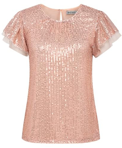GRACE KARIN Damen Pailletten Kurzarm Bluse Tanzabend Party Glitzer Top Rose Gold M