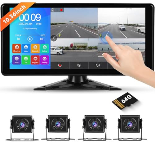 Hodozzy 4 Cámara de Visión Trasera para 10.36'' Monitor Pantalla 4-Dividido 1080P DVR con Bluetooth, con USB/Tarjeta SD, IP69 Impermeable Visión Nocturna para Camión RV Tractor 7V-32V