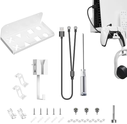 Geekria 6-in-1-Wandhalterungsset, kompatibel mit SONY Playstation5 Slim-Konsole, Disc und Digital Edition, Metall-Wandständer, mit 2-in-1-Magnetladekabel/Headset-Aufhänger/Remote-Box (weiß)