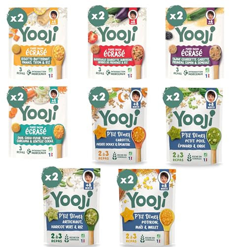 Yooji - 48 Repas BIO Midi et Soir Pour Bébé dès 8 Mois - Les Écrasés et P'tit Dîner, Purées Spécial Introduction Morceaux pour la Diversification Alimentaire - 8 Recettes Variées - Lot 16x400g
