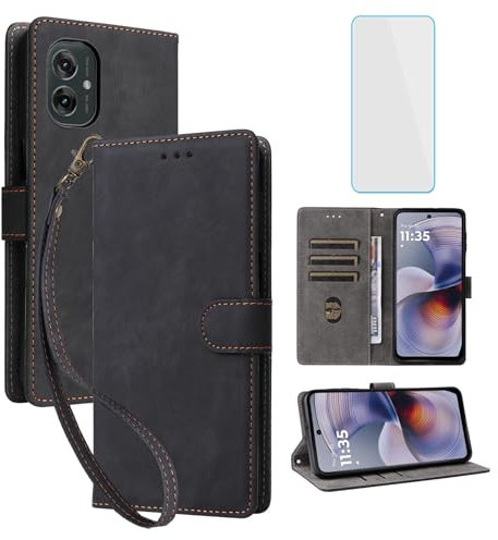 IUQXU for Motorola Moto G55 5G Wallet Phone Case with Screen Protector [RFID Blocking] Leather Flip Card Holder Kickstand Strap Women Men Cell Phone Case for Motorola G55 G 55 MotoG55 5G Black