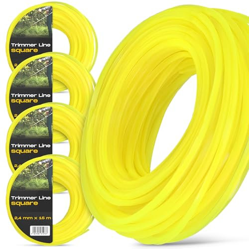 4x Fil Coupe-Bordure Trimmer Carré 2,4 mm 15 m Nylon Débroussailleuse Bobine Puissante Jardin Tonte Gazon Bordures Résistantes Mauvaises Herbes Entretien Espaces Verts